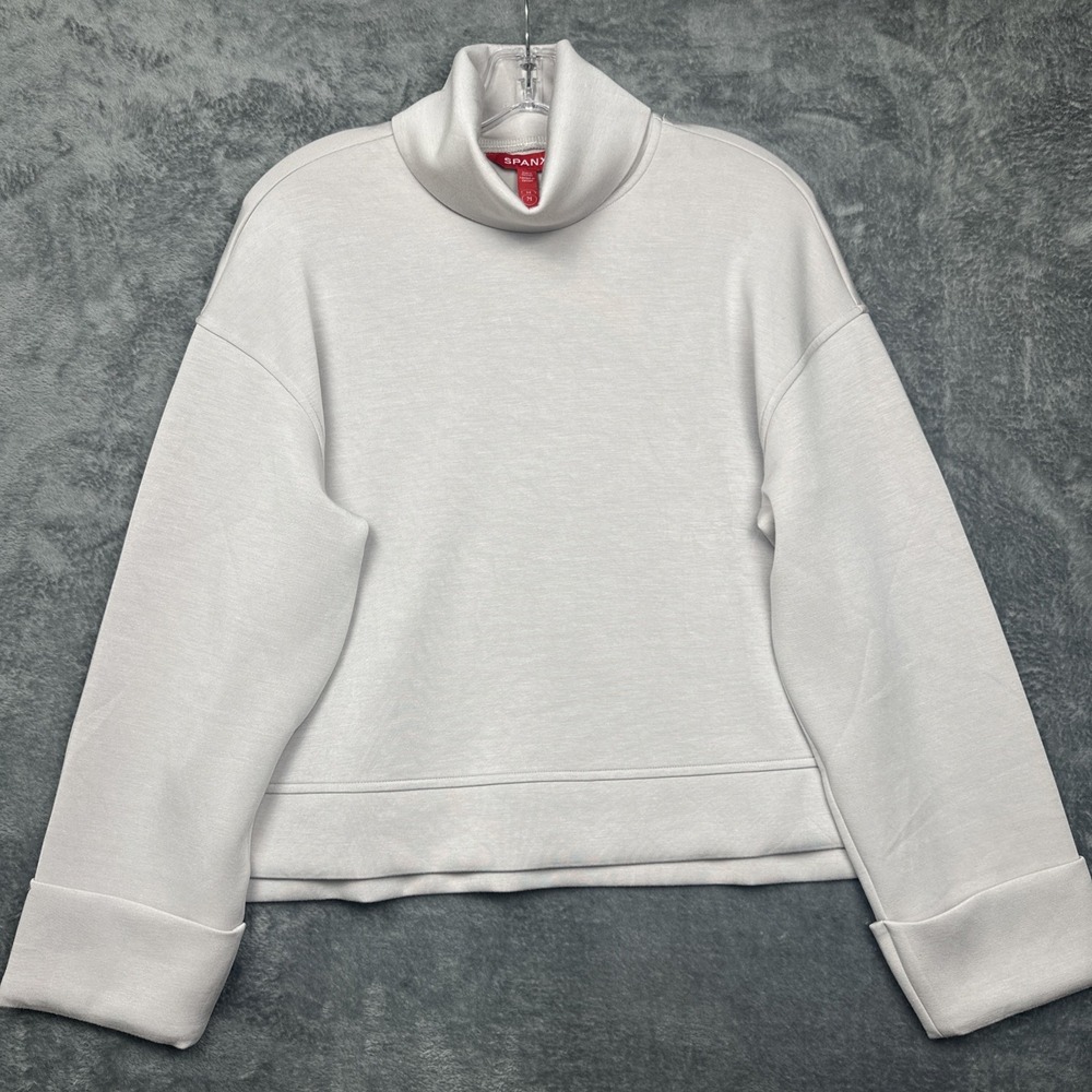 Spanx Air Essentials Shirt Top Turtleneck Medium Long Sleeve Beige Gray Relaxed
